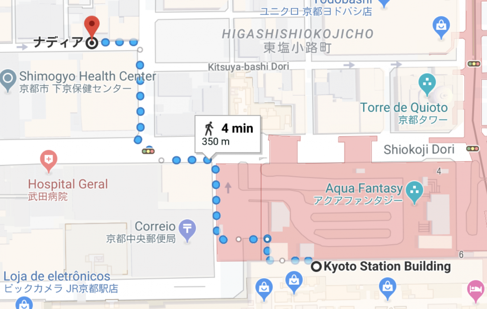 Caminho da Estao Kyoto at o APA Hotel Kyoto Ekikita